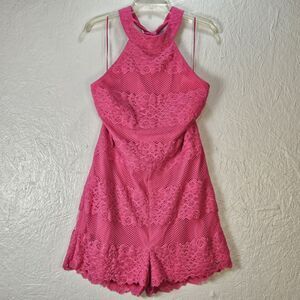 Pink Lace Mesh Halter Romper Coquette Barbiecore Y2k Floral Sz 12 Scalloped Hem